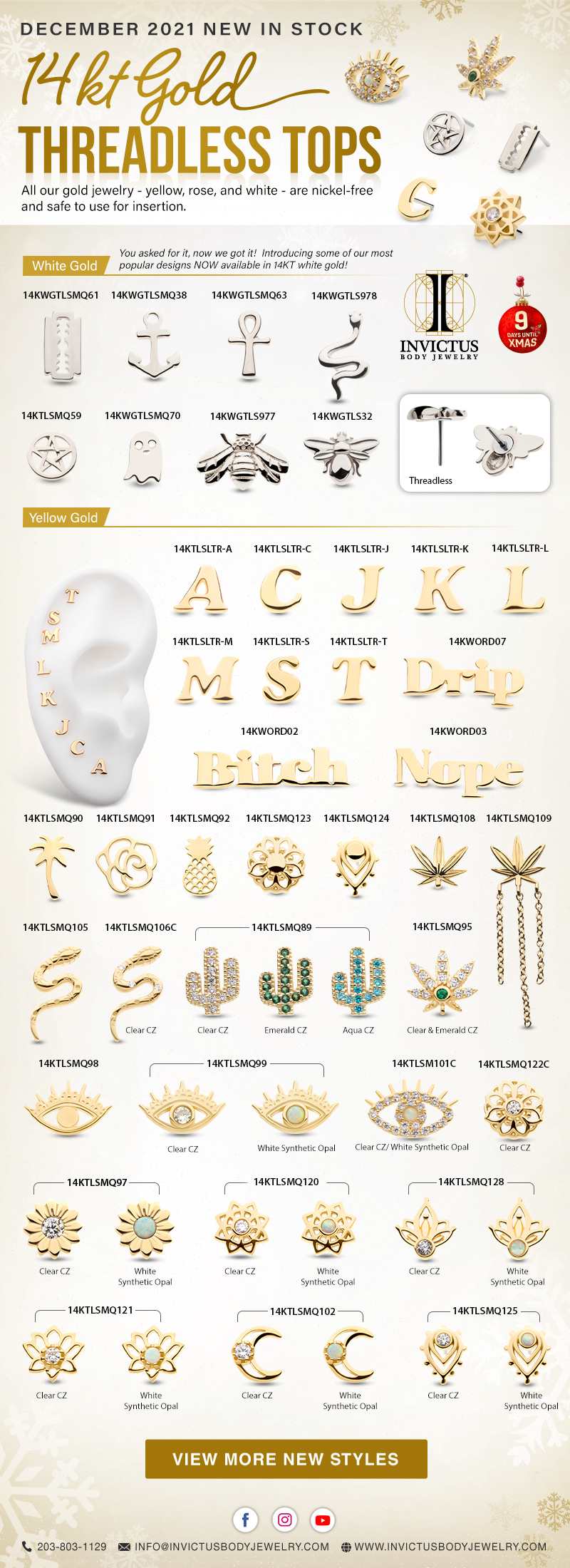 Invictus New 14Kt Gold Threadless Tops – December 13, 2021