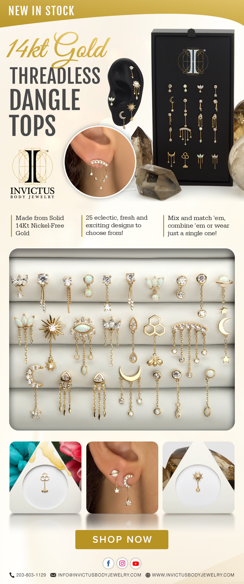 New In Stock! 14Kt Gold Threadless Dangle Tops.