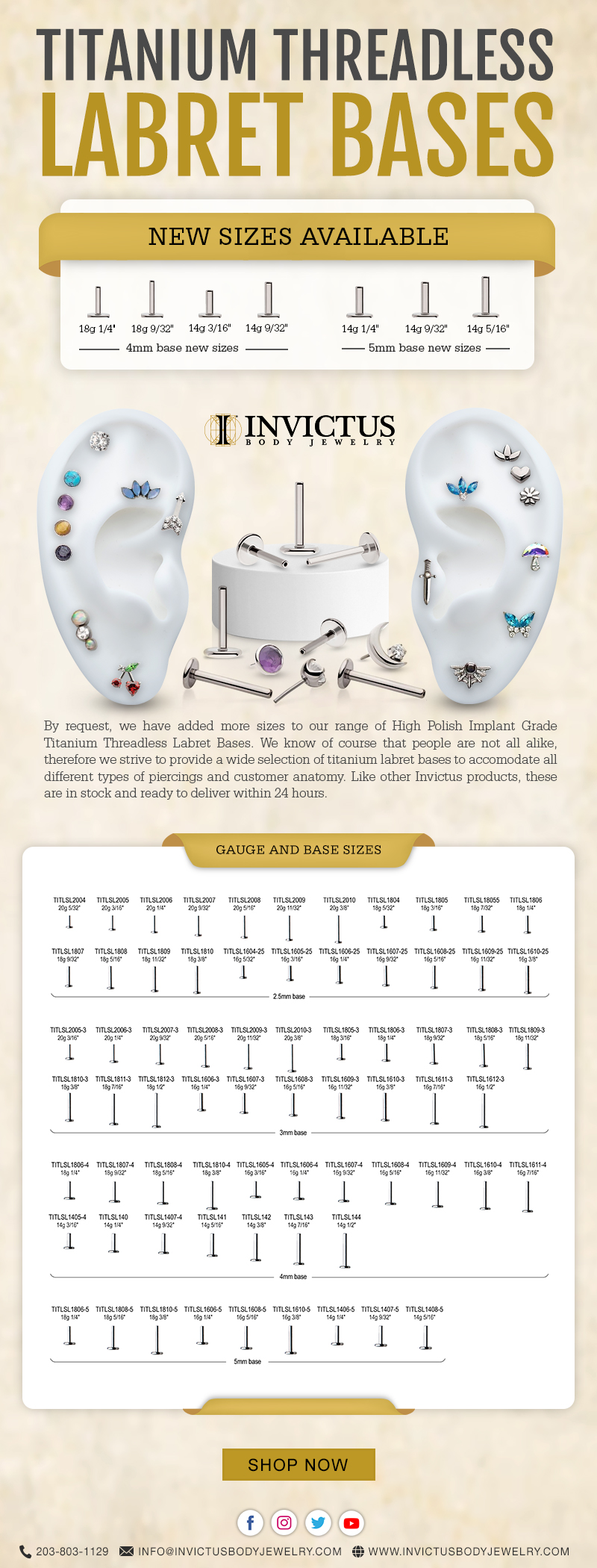 New Sizes Available on Titanium Threadless Labret Bases 