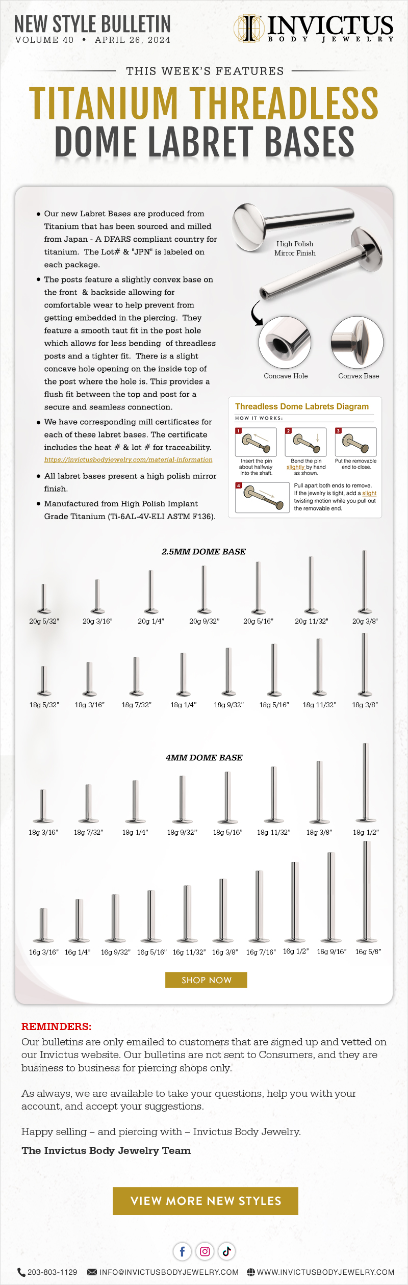 Just Arrived: New Japan-made Titanium Dome Labret Bases