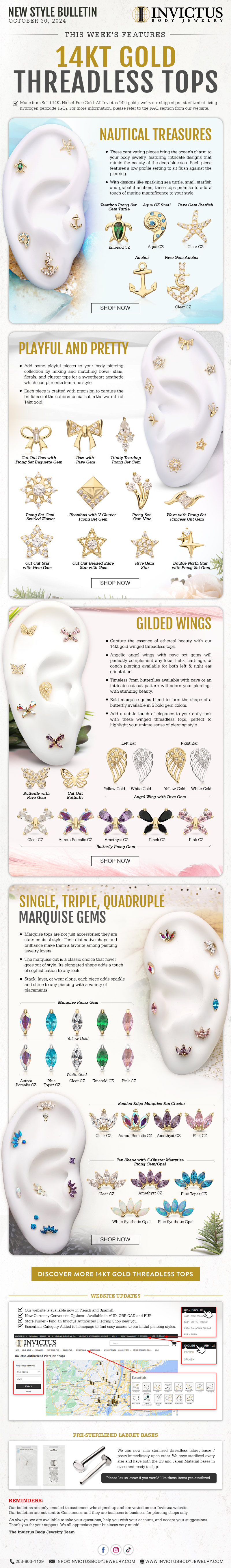 New 14kt Gold Threadless Tops - Nautical / Playful / Wings / Marquise!