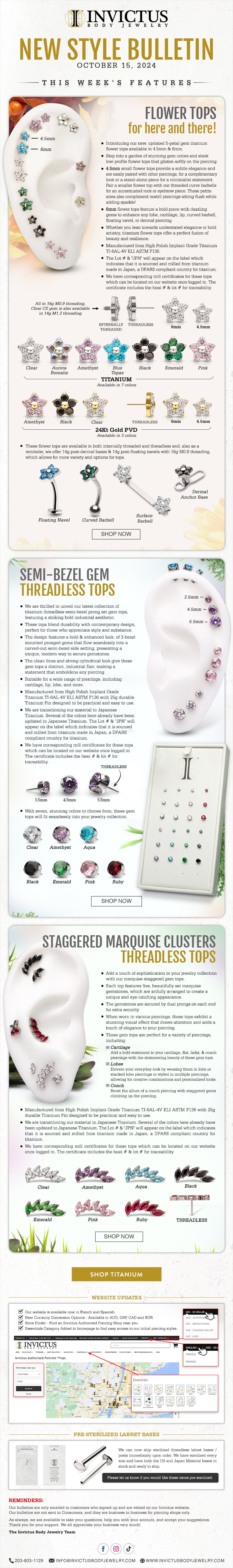 New Titanium Gem Tops: Flowers / Semi-Bezel / Marquise Clusters!