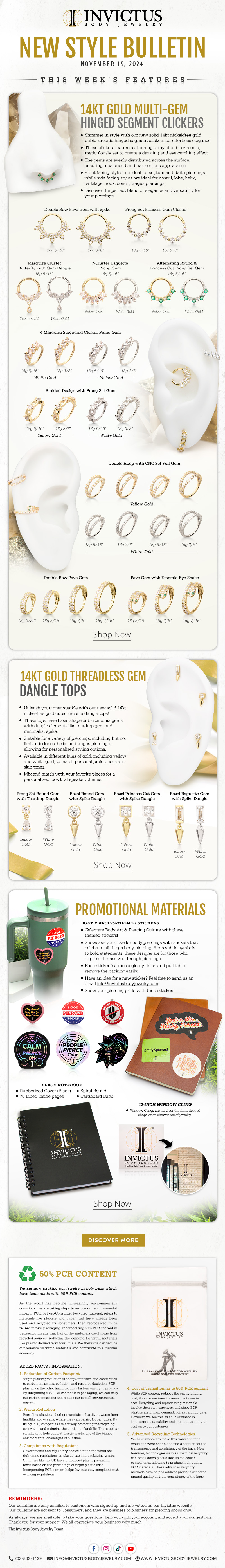 Fresh In: 14kt Gold Dangle Tops, Gem Clickers & Promo Materials